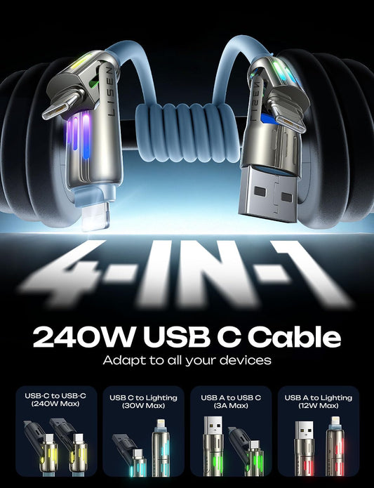 LISEN iPhone Cords Fast Charging 6 FT, 4 in 1 Charging Cable with Light, Chubby USB A/C to C/L Multi Charging Cable for iPhone 16 15 14 Pro Max/MacBook/iPad Pro/SamSungS25, Sky Blue iPhone Cord