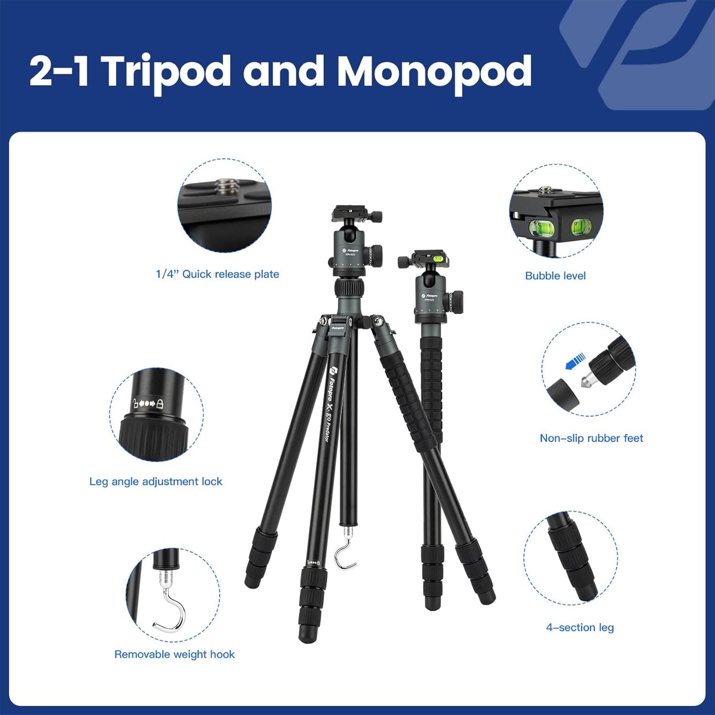 Fotopro 68" Camera Tripod for DSLR, Heavy Duty Compact Travel Tripod with Ball Head, Detachable Monopod with Quick Release Plate and Bag, Load up to 12KG/26.5lbs(Grey)