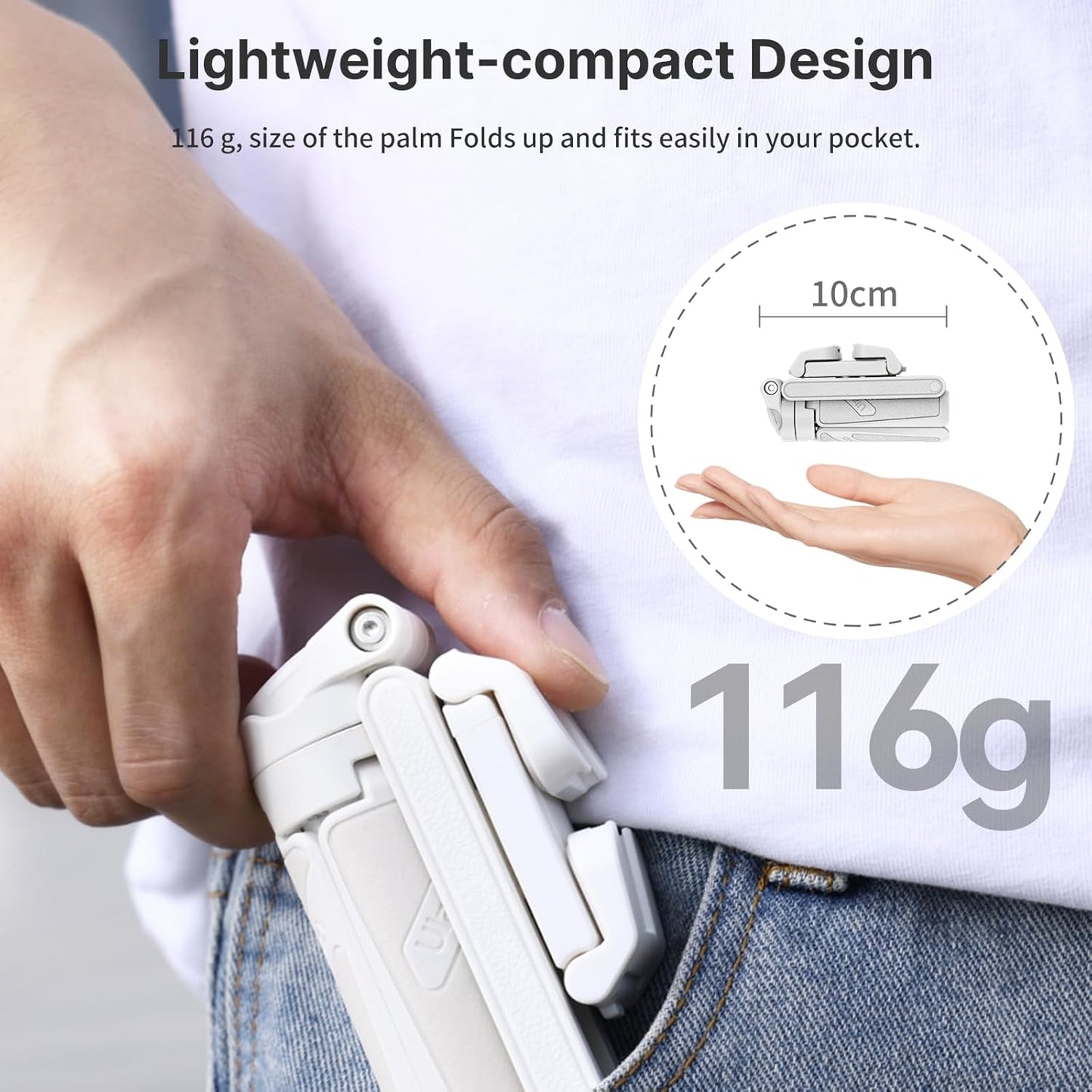 ULANZI JJ02 Selfie Stick Tripod, Extendable Grip Phone Tripod w Detachable Remote Pocket Size, 3-in-1 Mini Phone Grip 2 Cold Shoe, 10m/393.7'' Wireless Shutter, Vlog Livestreaming Photography(White)