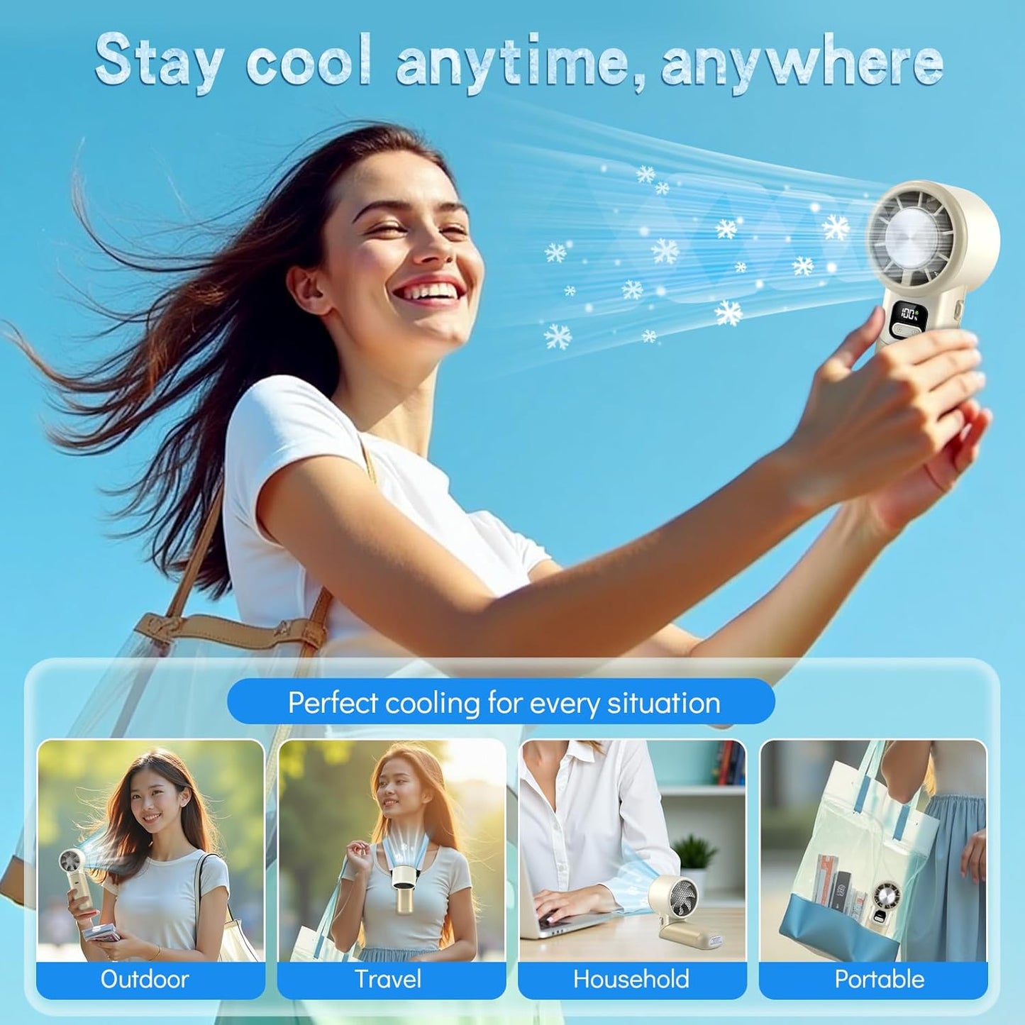 High-Speed Portable Handheld Turbo Fan with Ice Cooler, LED Display, 3600mAh Rechargeable Fan, Up to 9H Runtime, 90°Foldable Mini Fans for Travel, Commute, Outdoor, Gifts for Women Men