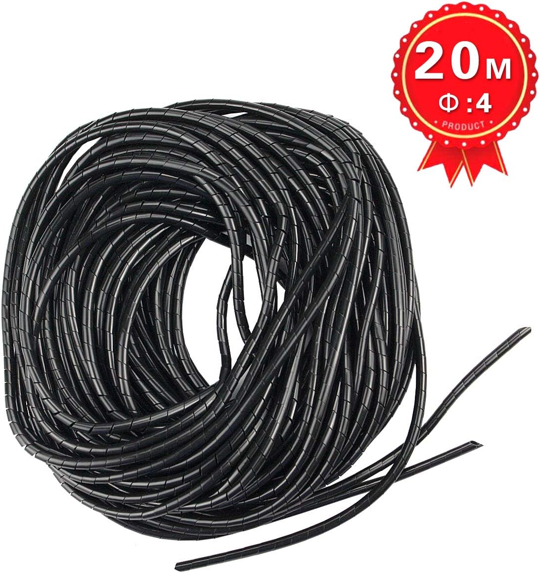 65FT XHF 4mm(Wrapping Range:1.5mm-10mm) Spiral Cable Wrap Cord for Computer Electrical Wire Organizer Sleeve Hose RoHS Black