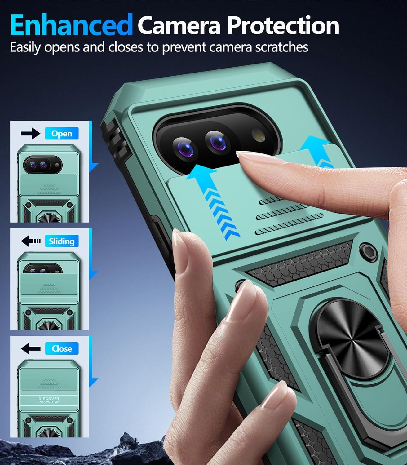 Taisairu for Google Pixel 9A Case with Screen Protector & Slide Camera Lens Cover,Built-in 360°Rotate Magnetic Ring Stand Shockproof Protective Phone Case for Google Pixel 9A Case (Green)