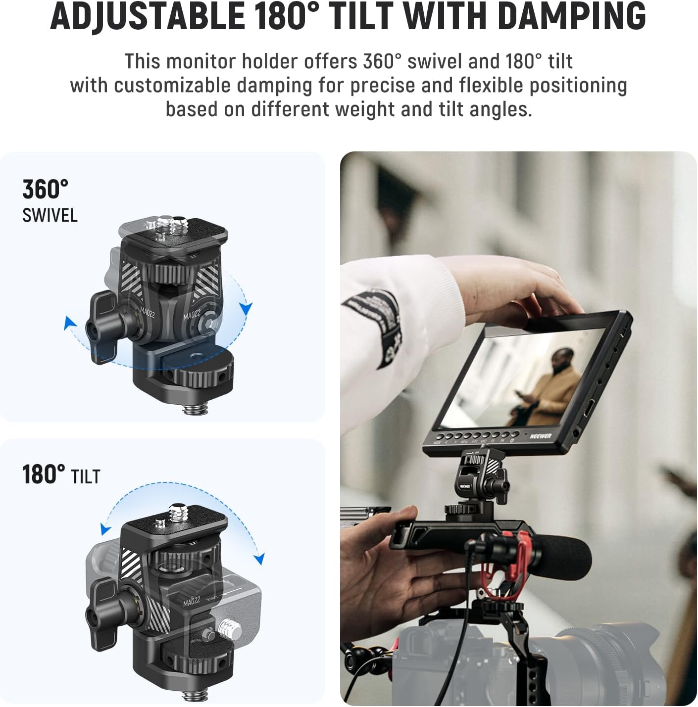 NEEWER Camera Field Monitor Mount Holder Bracket, 360° Swivel 180° Tilt Adjustable with 1/4" & 3/8" Screw Anti Twist Compatible with Atomos Ninja 5" & 7" Compatible with SmallRig Camera Cage, MA022