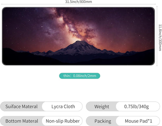 Dynippy Thin Extended Gaming Mouse Pad (31.5 * 11.8 * 0.08 inch) with Stitched Edges Large Mousepad Long XXL Keyboard and Mouse pad Desk Mat for Gaming Office & Home - Mountain Under The Starry Sky