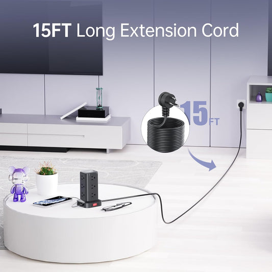 15FT USB C Power Strip Surge Protector Tower, Mini Power Strip Tower Travel 12 AC 4 USB Power Strip with USB Ports, Overload Protection for Home Office