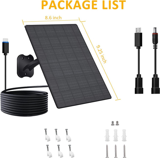Zivif 10W Solar Panel for Security Cameras, 5V Solar Charger with USB-C/Micro USB/DC 5.5x2.1mm Ports, IP66 Waterproof, Adjustable Mount & 7.2FT Cable
