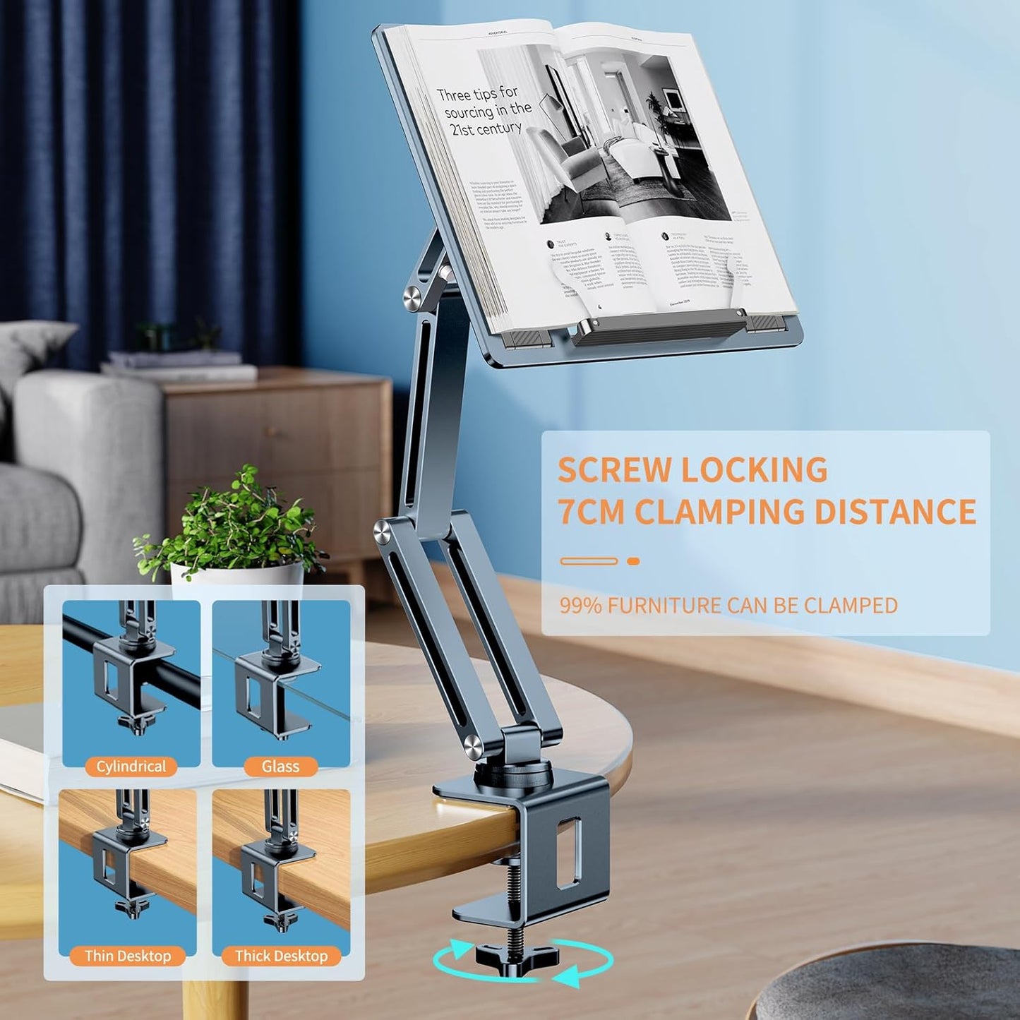 OATSBASF Tablet Stand, iPad Holder for Desk Mount, Portable Monitor Stand, Rotatable 360 Degrees, Desktop Reading Mount Holder for Computer, iPad, Cookbooks, Recipes