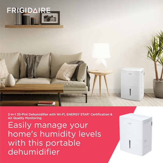 Frigidaire Gallery 2-in-1 35-Pint Dehumidifier with Wi-Fi, Energy Star Certification & Air Quality Monitoring for Small/Medium/Large Rooms & Basements, Custom Humidity Control, Auto Shut Off, White