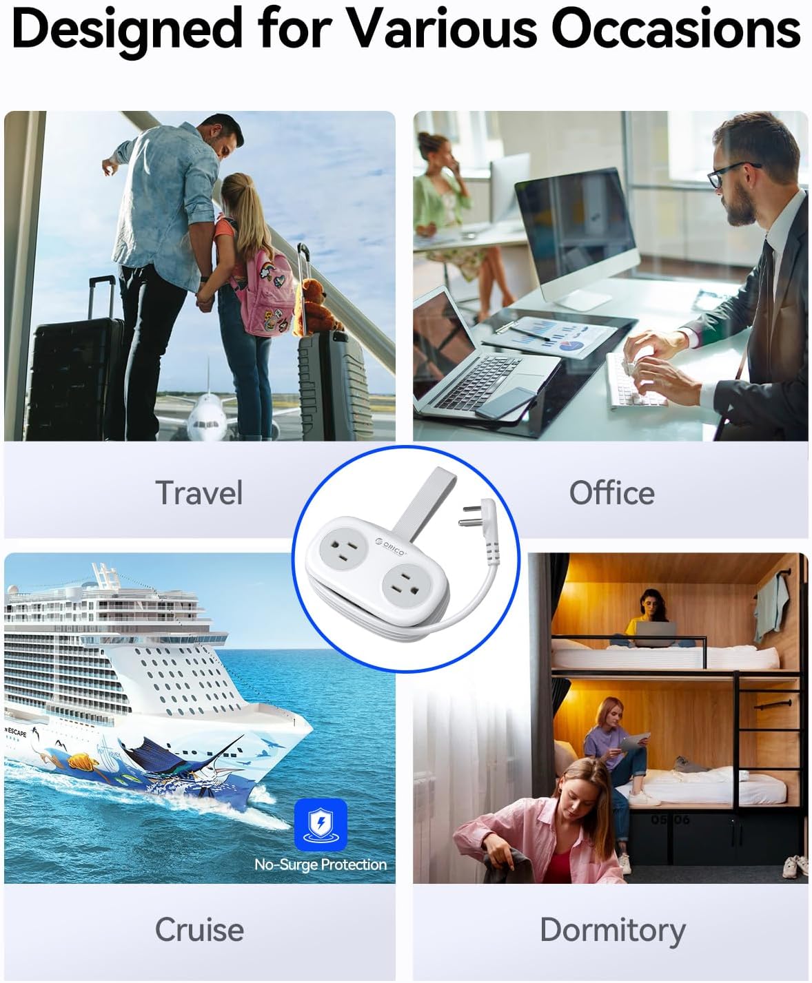 ORICO 20W USB-C PD Travel Power Strip, 4 AC Outlets 3 USB Ports (Fast Charging), 4FT Flat Plug Extension Cord, Cruise Approved, Compact for Business Travel/Dorm -AP3