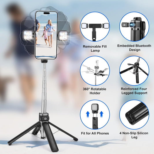 MQOUNY Mini iPhone Tripod Stand & Selfie Stick with Wireless Remote & Removable Light, Extendable Stand 360 Rotation Compatible with iPhone & Android Samsung (Black)