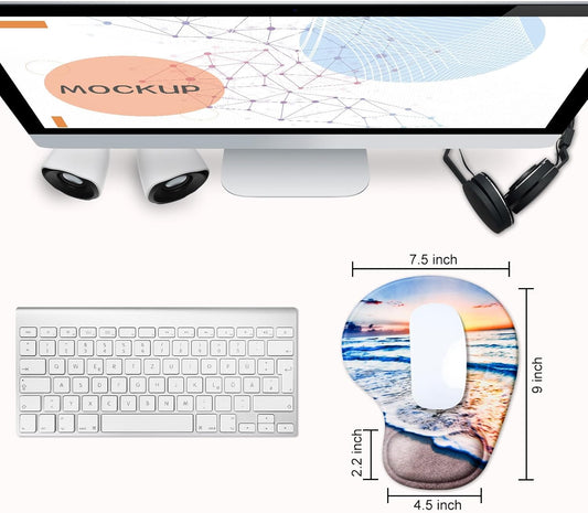 JIKIOU Mouse Pad, 2 Pack Ergonomic Mouse Pads with Comfortable Gel Wrist Rest Support and Smooth Cloth, Non-Slip PU Base for Easy Typing Pain Relief Durable and Easy to Clean Small Beach