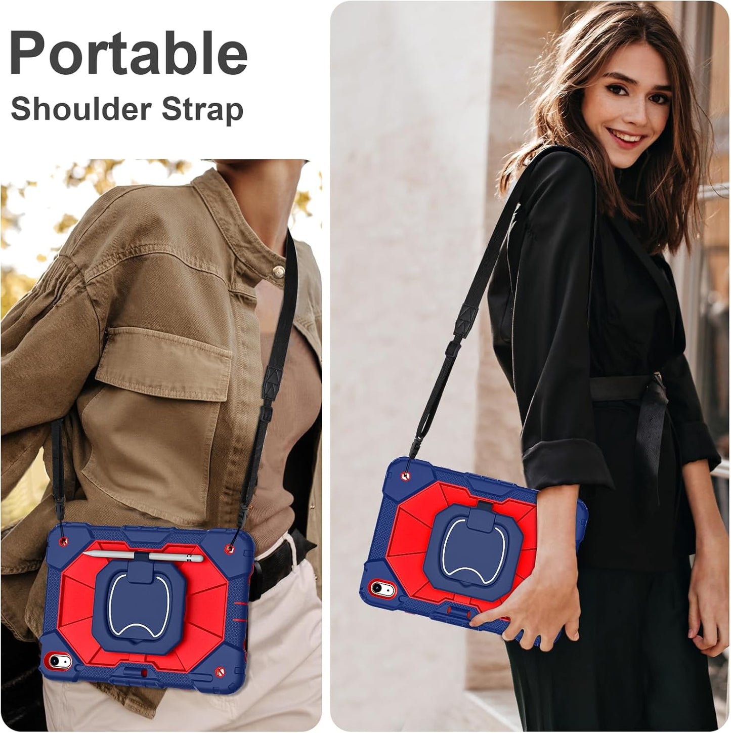 Case for iPad (A16) 11th Generation 11 Inch (2025), iPad 10th Generation Case 10.9 Inch (2022), Shockproof Cover with 360° Rotating Stand Screen Protector Pen Holder Shoulder Strap, Navy Red