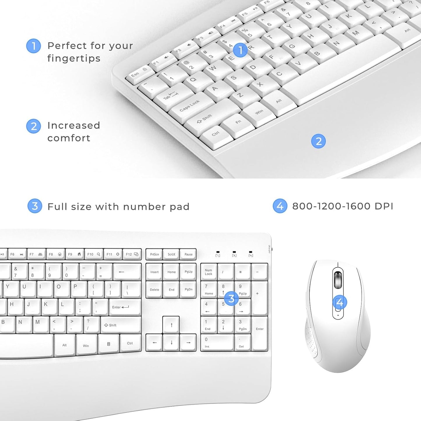 Ergonomic Keyboard and Mouse Combo - Full Size Keyboard Cordless with Palm Wrist Rest Ergonomic Mouse Wireless for Windows Computers Laptops - White(Upgrade)