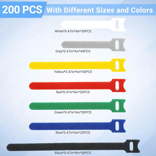 200 PCS Cable Ties Reusable 4+6+8inch Multi-Colour Cord Organizer for Cable Management Multi-Purpose Cable Straps Wire Ties Cable Management for Home Office Computer Data Centers Electronics,7 Colors