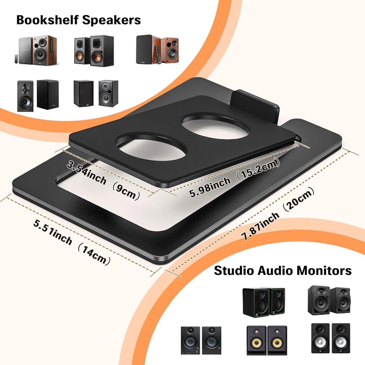 Metal Desktop Speaker Stands Pair, 15° Tilted Steel Tabletop Bookshelf Speaker Wedge with Damping Foam Pads for Small Medium Speakers, Suitable for PC, Gaming, and Studio