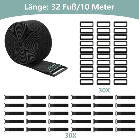 2In x 32Ft Cable Straps Heavy Duty With 30 Buckles, Black Hook and Loop Straps, Reusable Cable Ties for Organizer or Storage.