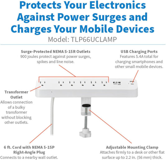 Eaton Tripp Lite Series Desk Clamp Power Strip Surge Protector, 6-Outlets, USB-A & USB-C Charging Ports, 900 Joules, 6ft Flat Extension Cord, Lifetime Manufacturer's Warranty (TLP66UCLAMP)