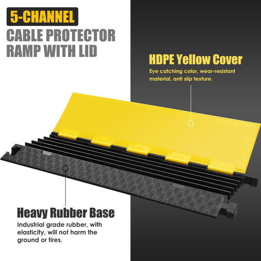 Rubber Cable Protector Ramp, Heavy Floor Cable Wire Cord Cover Speed Bumps 22000Lbs Load Capacity, Driveway Hose Cable Ramp Protective Cover for Indoor and Outdoor (5-Channel x 2Pcs)