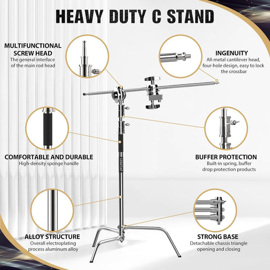 LOMTAP C Stand Light Stand Stainless Metal Photography Kit - Heavy Duty 6.8ft/210cm Vertical Pole, 2.8ft/87cm Boom Arm, Adjustable Base, Water Sandbag, 2 Grip Heads, 3 Clips for Softbox, Reflector