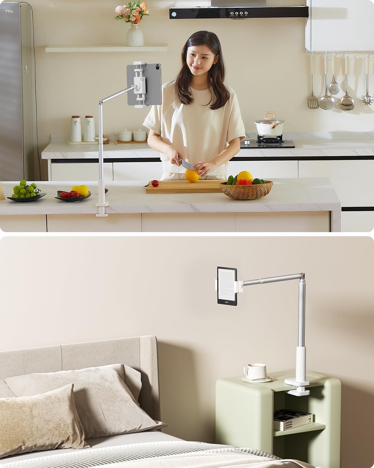 Phone Holder for Bed, 360° Rotation Cell Phone Stand, Flexible Long Arm Headboard Bedside Clip, Multi-Functional Overhead Phone Mount for 3.5-11" Phones, Tablets, Kindle, White