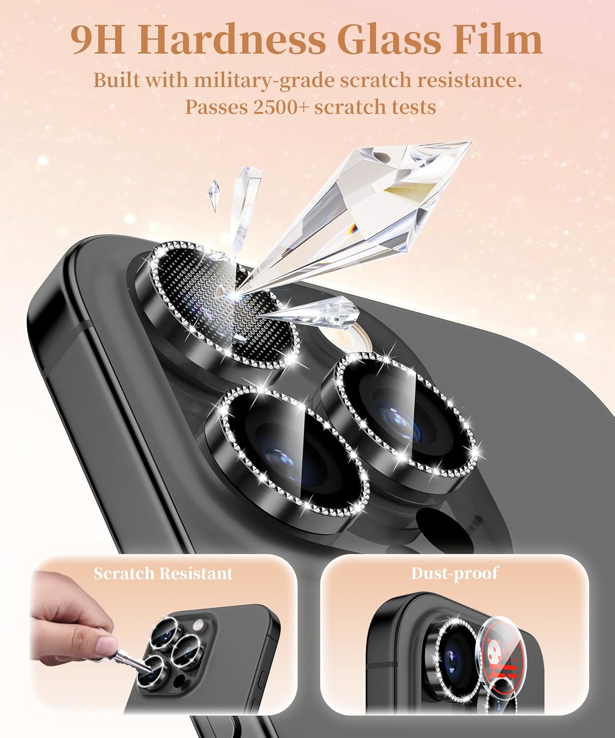 GolbinBox Camera Lens Protector for iPhone 16 Pro Max/16 Pro, 1:1 Invisible Fit, 9H Tempered Glass Ultra HD Metal Individual Camera Cover Screen Protectors for Women, Case Friendly, Bling/Black