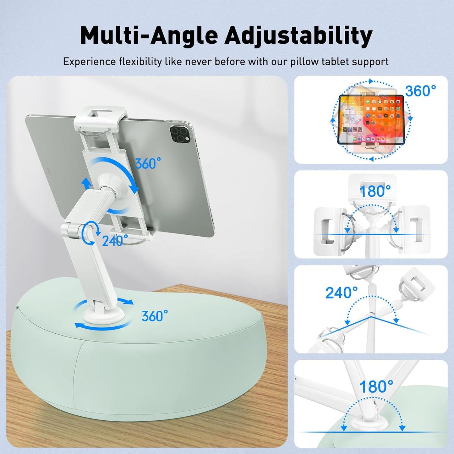 AboveTEK Tablet Pillow Stand for Bed, Hands-Free 360° Adjustable iPad Pillow Holder for Lap Reading w/Soft Bean Bag, Ideal Gift for Mom, Fits 4.7" to 12.9" Tablet, Phone, Kindle - Cyan