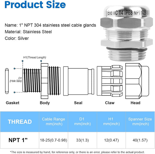 1" NPT Stainless Steel Waterproof Cable Gland, IP68 Waterproof Adjustable Cable Glands, Strain Relief Cord Grip Connectors with Gaskets and Locknut for 18-25mm Cable Diameter