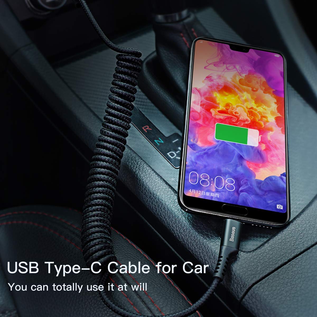 Baseus USB Type C Cable for Car, Retractable Cable(3FT) Curly USB A to USB-C Fast Charger Cord Compatible Samsung Galaxy S10 S9 S8 Plus Note 9 8, Moto Z, LG5/G6/V20, USB C Devices (Black)