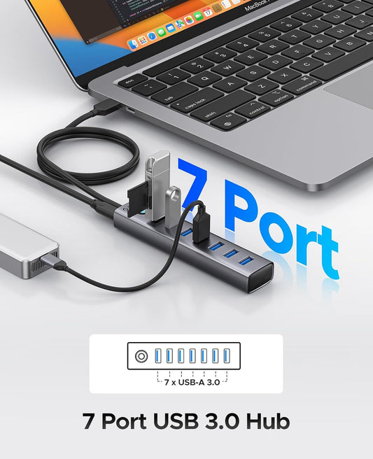 ORICO Aluminum 7-Port USB Hub with 3.28Ft Cable, Multiple USB 3.0 Hub, 5Gbps Data Transfer, 5V 3A Type-C Port, UBS-A Splitter for PC, Laptop, Desktop