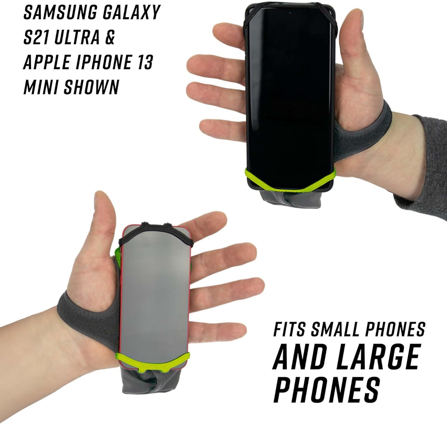 Noxgear Hand Held Phone Holder - Handheld Grip Phone Holder with Key Fob & Card Slot for Running, Jogging & Working Out - Compatible with All Phones - Machine Washable (Lime, Left Hand)