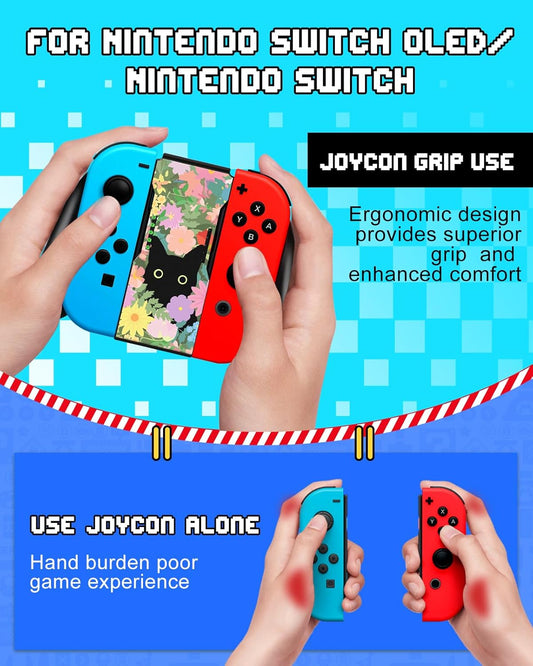 Lotadilo Joy-Con Grip for Nintendo Switch/Switch Oled - JoyCon Comfort Hand Grips Controller for Women Girls Teen Boys Cute Cartoon Design, Cat Flower