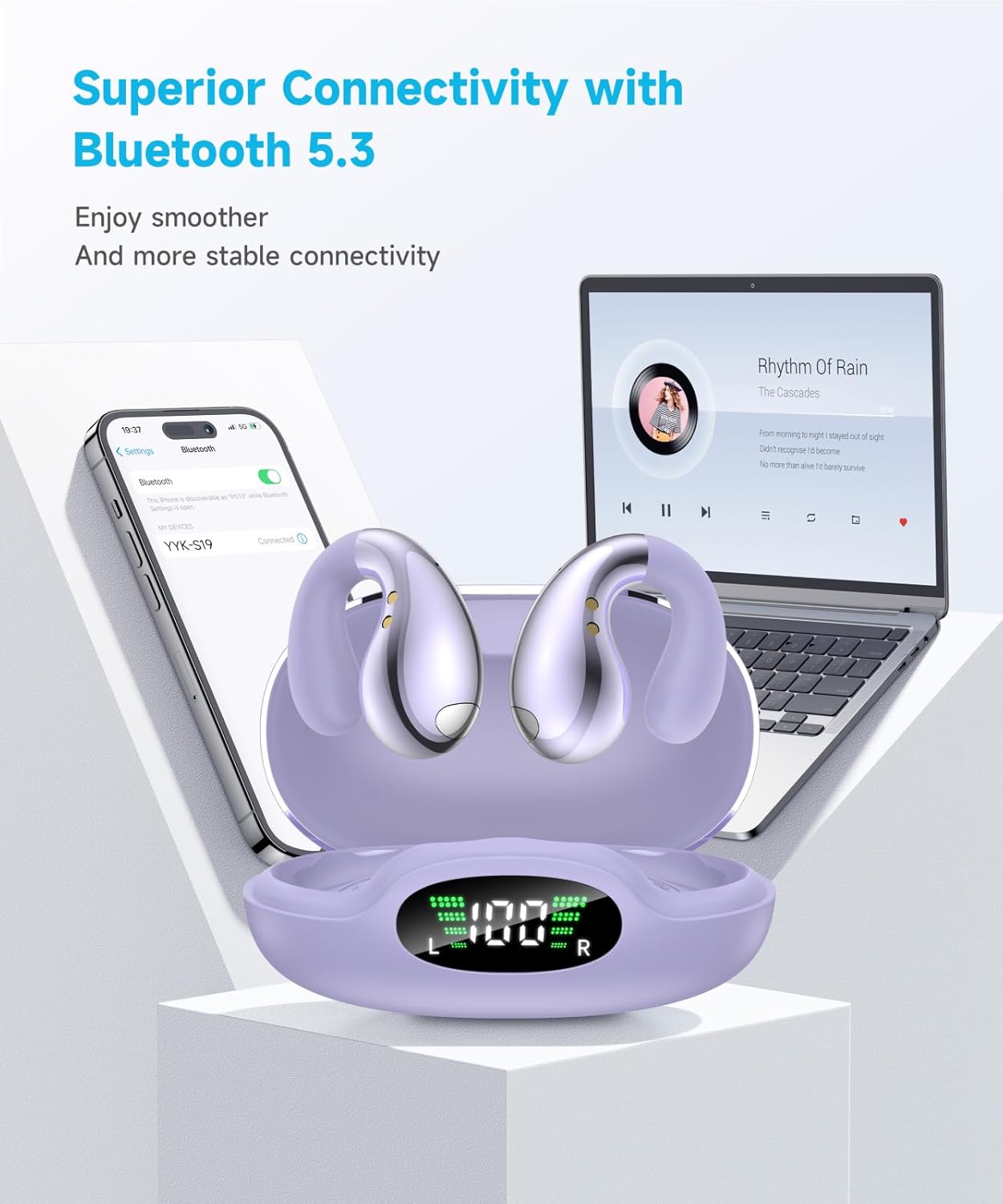 Ultra Open-Ear-Earbuds Wireless Bluetooth - Ergonomic Clip-On Earbuds, Bone Conduction Over-The-Ear Headphones with Waterproof Design and Secure Fit for Small Ears, Purple