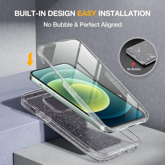 Miracase Glass Series for iPhone 12/12 Pro Case 6.1 inch, Upgraded Full-Body Rugged Phone Bumper Case Cover with Built-in 9H Tempered Glass Screen Protector and Camera Protector, Clear Glitter