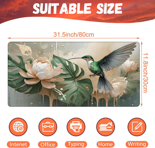 Desk Pad, Elegant Hummingbird Desk Mat, Oil Painting Flowers and Leaves Large Gaming Mouse Pad, 31.5"x15.7" Extended Big Computer Mouse Pad with Non-Slip Base and Stitched Edge