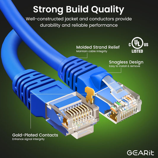 GEARit Cat 6 Ethernet Cable Pack - 5-Pack 30 ft Cat6 Ethernet Patch Cables | RJ45 Network Patch Cable, 10 Gbps Snagless Gold-Plated Connectors - Ethernet Cable Cat 6 for PC, TV, Router - Blue