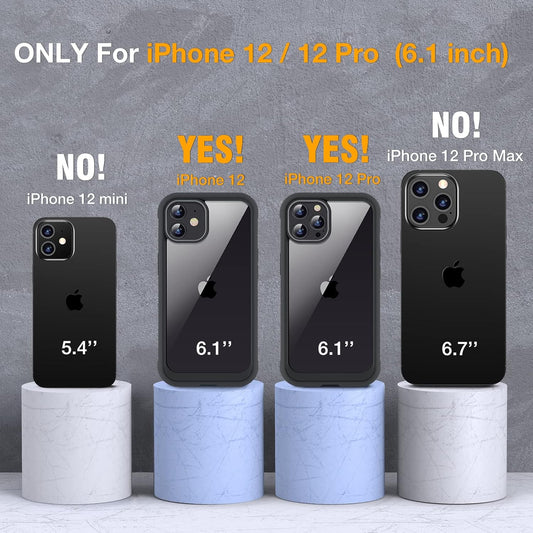 Miracase Glass Series for iPhone 12/12 Pro Case 6.1 inch, Upgraded Full-Body Rugged Phone Bumper Case Cover with Built-in 9H Tempered Glass Screen Protector and Camera Protector, Black