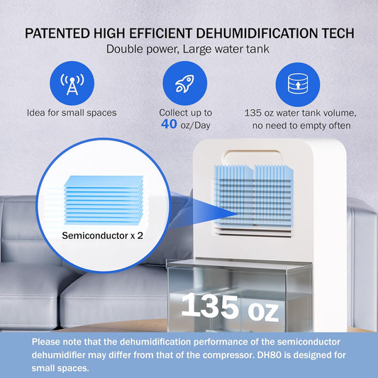 Frizzlife DH80 Air Dehumidifier, 135oz Water Tank W/Purifying Function, Quiet Small Dehumidifiers With Sleep Mode For Home, Bedroom, Bathroom, Basement W/Auto Shut Off, 7 Colors LED Light, White