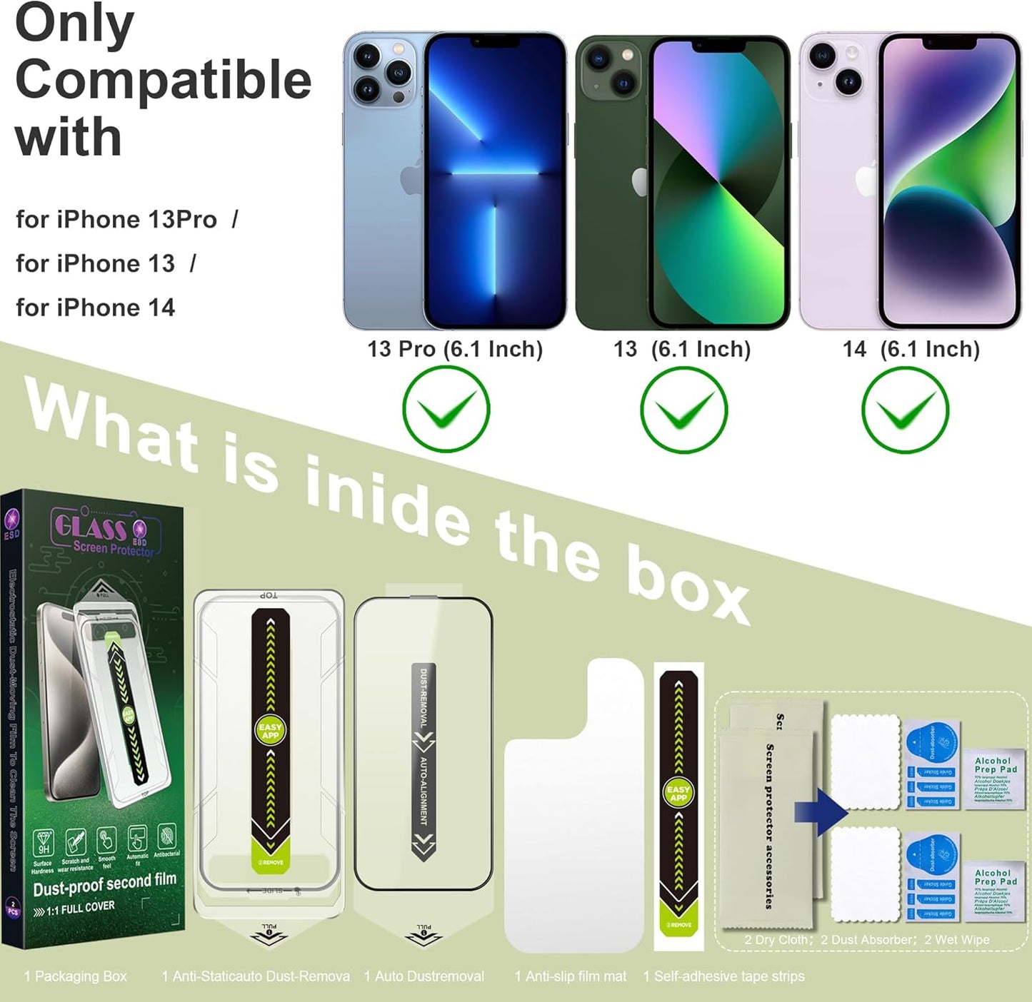 [2-Pack Ultra HD Clear Screen Protector for iPhone 16e/13/13 Pro/14 (6.1-Inch),9H Tempered Glass,Full Coverage,Anti-Fingerprint,Auto Dust Removal,Bubble-Free,Easy Installation