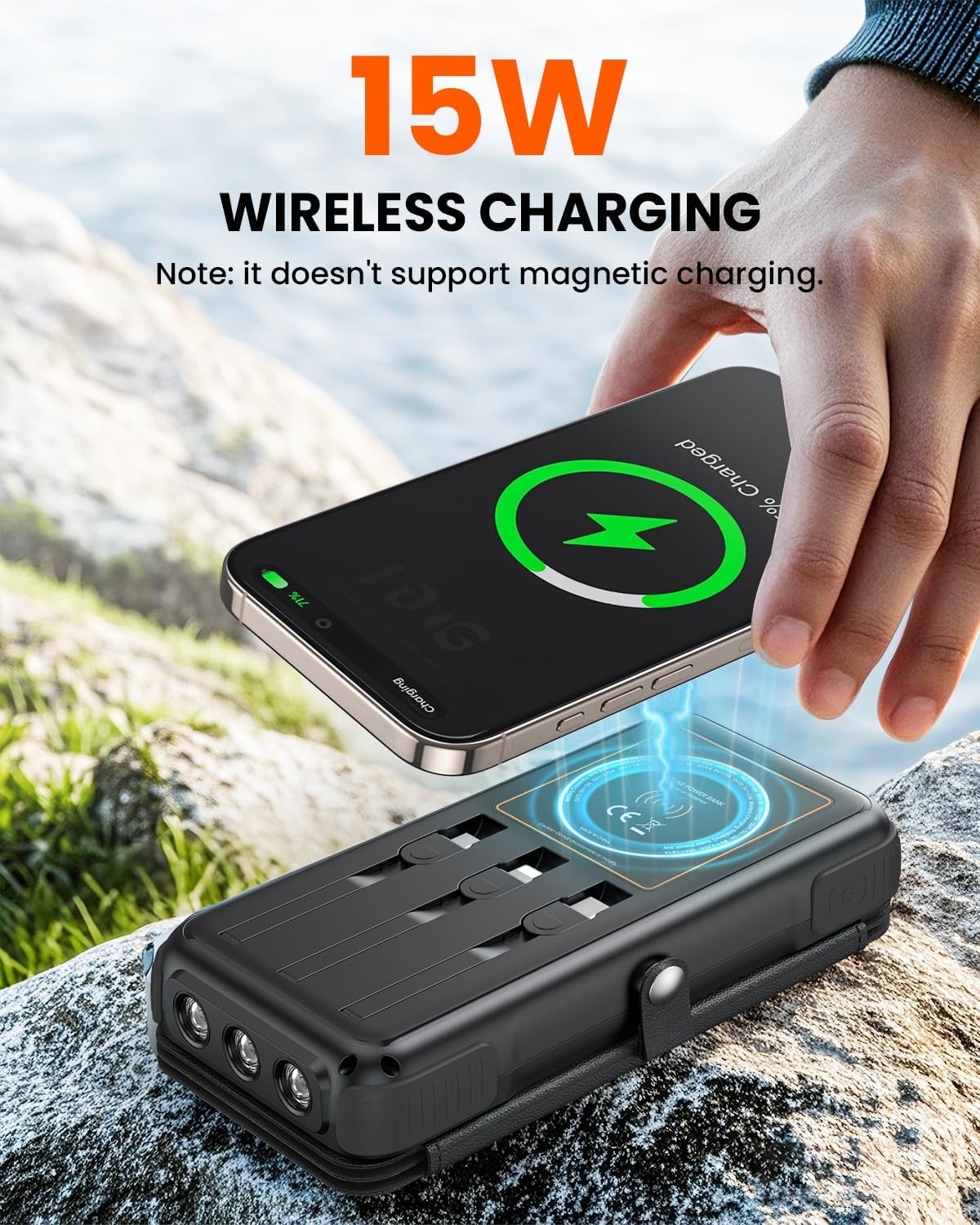 SOARAISE Wireless Solar Power Bank, 25000mAh Solar Charger with Built-in 3 Cables, Dual Outputs, 4 Solar Panels & 3 LED Flashlights, Portable Phone Charger for Outdoor Camping(Black)