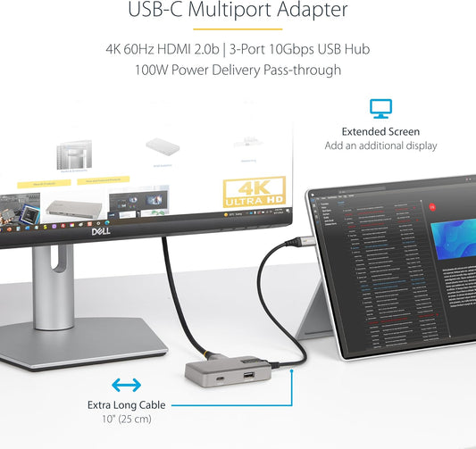 StarTech.com USB C Multiport Adapter - USB-C to 4K 60Hz HDMI 2.0, 100W Power Delivery Pass-Through - 3-Port 10Gbps USB Hub - Portable USB Type-C Mini Docking Station - 10" (25cm) Cable, TAA