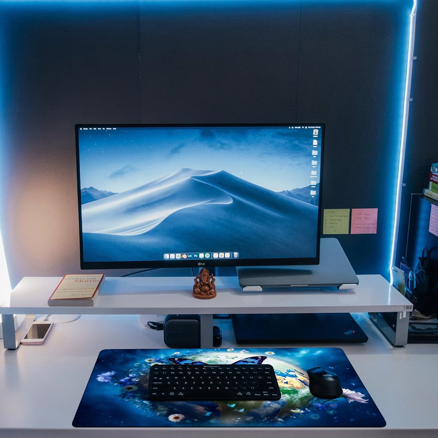 Desk Mat, Earth Surrounded by Flowers Desk Pad, Blue Butterfly Large Gaming Mouse Pad, 31.5"x15.7", Extended Big Computer Keyboard Mouse Pad with Non-Slip Base and Stitched Edge