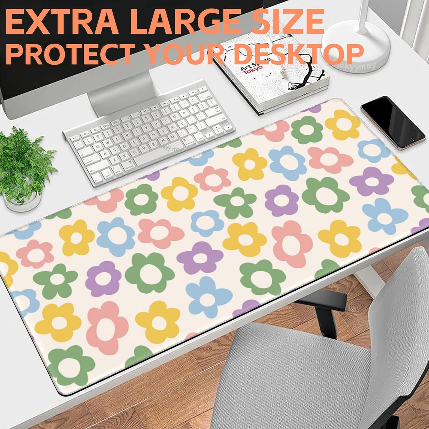 Mouse Pad Large Vintage Groovy Flowers Non-Slip Gaming Desk Mat with Stitched Edge Laptop Keyboard Desk Pad for Work Home Gaming (35.4 x 15.7 Inches)