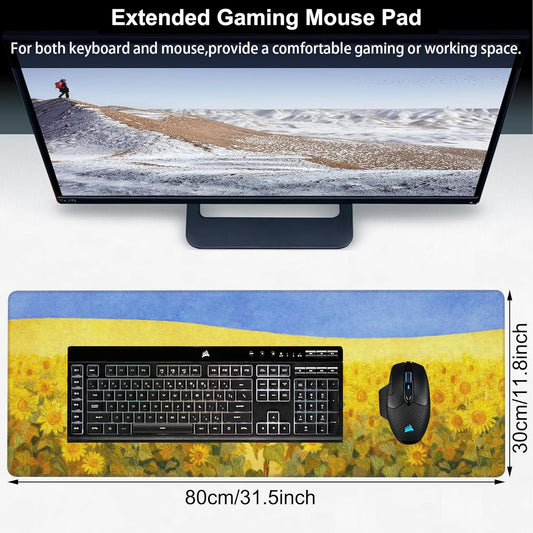 Field of Sunflowers Desk Mat,Large Sunflower Oil Painting Gaming Keyboard Mouse Pad,Non-Slip Rubber Base Desk Pad Thick Stitched Edges Waterproof Mousepad Mouse Mat 31.5"x11.8"