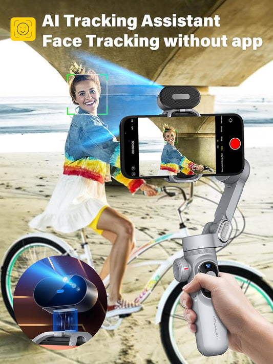 Gimbal Stabilizer for Smartphone AI Tracking(No App), 3-axis Gimbal with OLED Display/Built-in Light, Stabilizer for iPhone&Android, AOCHUAN X Pro Grey AI Version