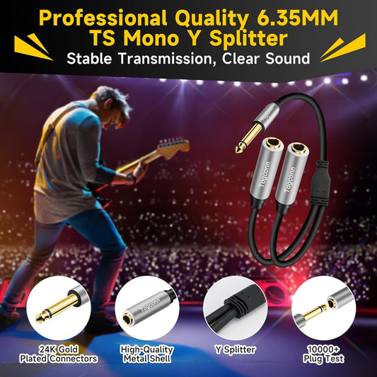 2-Pack 1/4 inch TS Mono Splitter Y Adapter, 6.35mm Mono Male to Dual 6.35 mm TS Mono Female Jack, Quarter inch Audio Speaker Splitter Converter Cable 1 Feet, Gold Plated Connectors