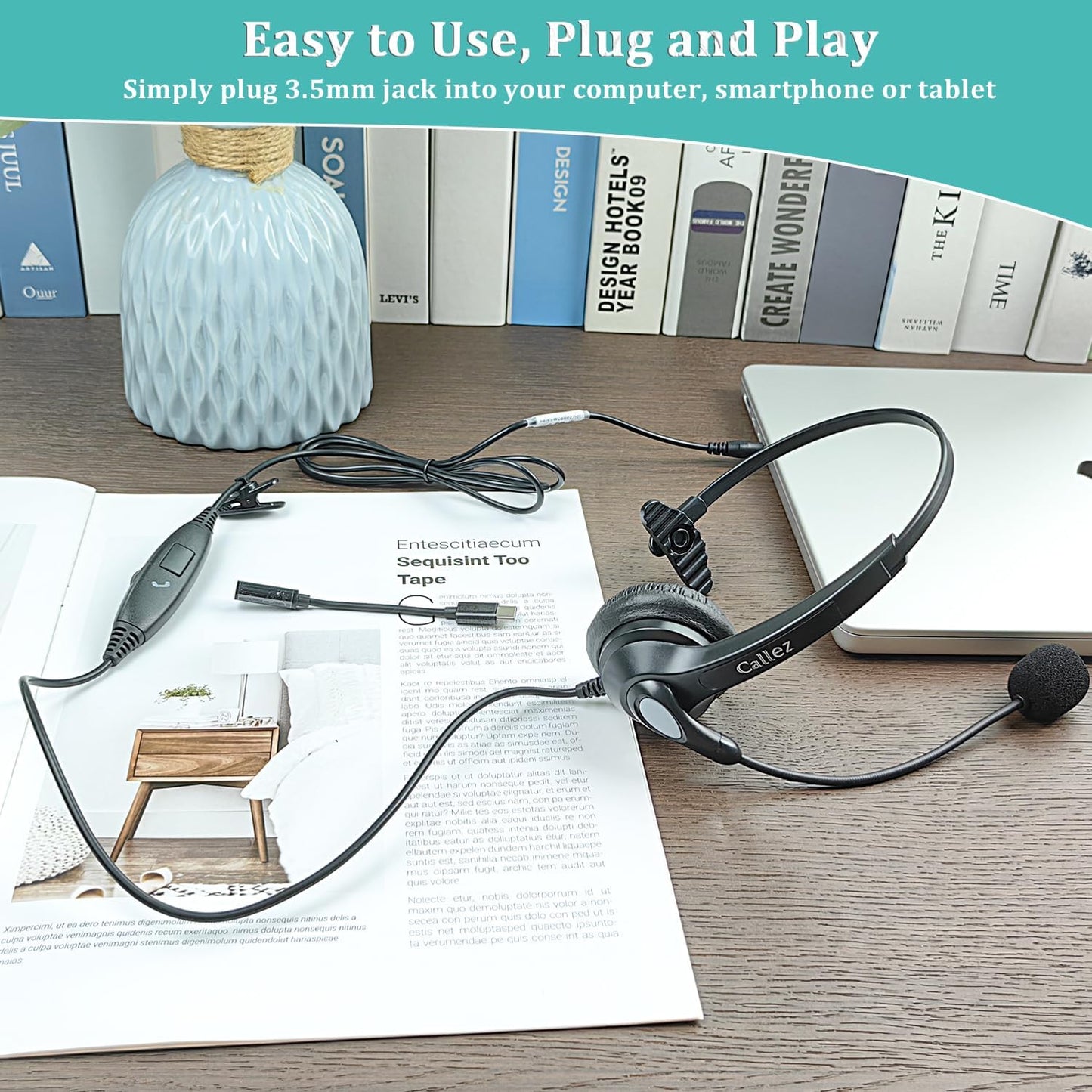 3.5mm Jack Cell Phone Headset with Microphone Noise Cancelling for PC Laptop, Wired Computer Headphones for iPhone Android Zoom Home Office Work School Classroom, in-line Control, Comfort-Fit