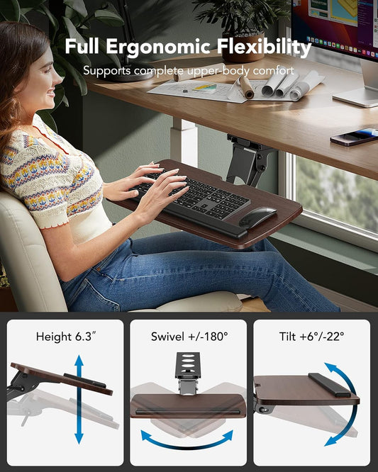 HUANUO Keyboard Tray Under Desk,360 Adjustable Ergonomic Sliding Keyboard & Mouse Tray, 25" W x 9.8" D, Brown