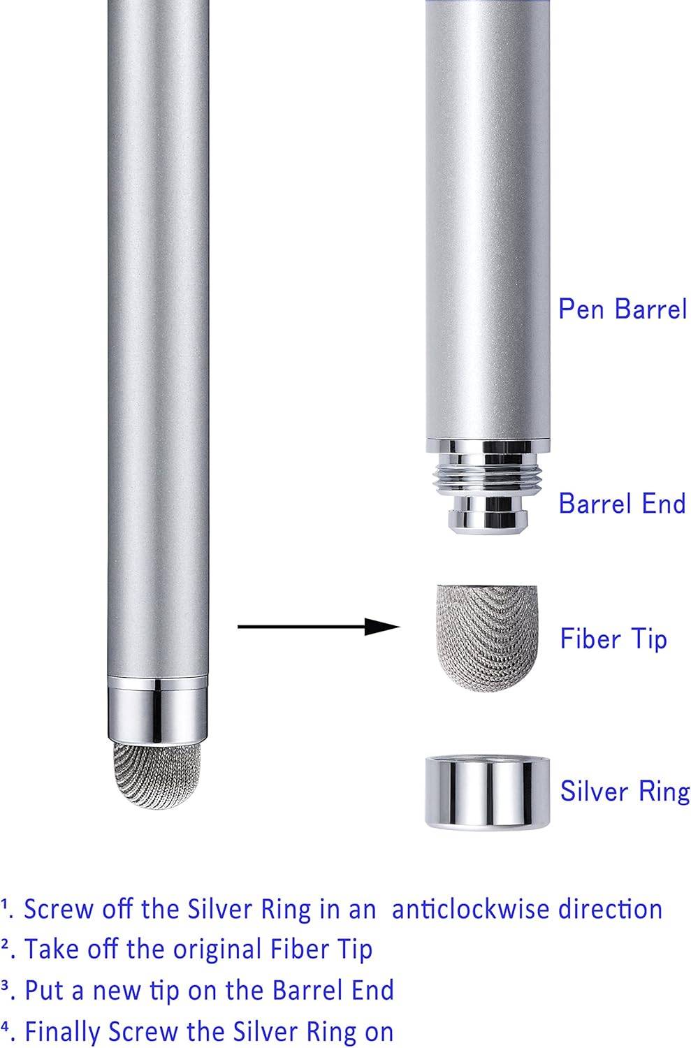 Stylus, 4 Pcs 5.0 Inch Mesh Fiber Tip Stylus Pens for Touch Screen, Compatible with iPad, iPhone, Kindle Fire, 4 Extra Replaceable Hybrid Fiber Tips (White, Black, Silver, Blue)