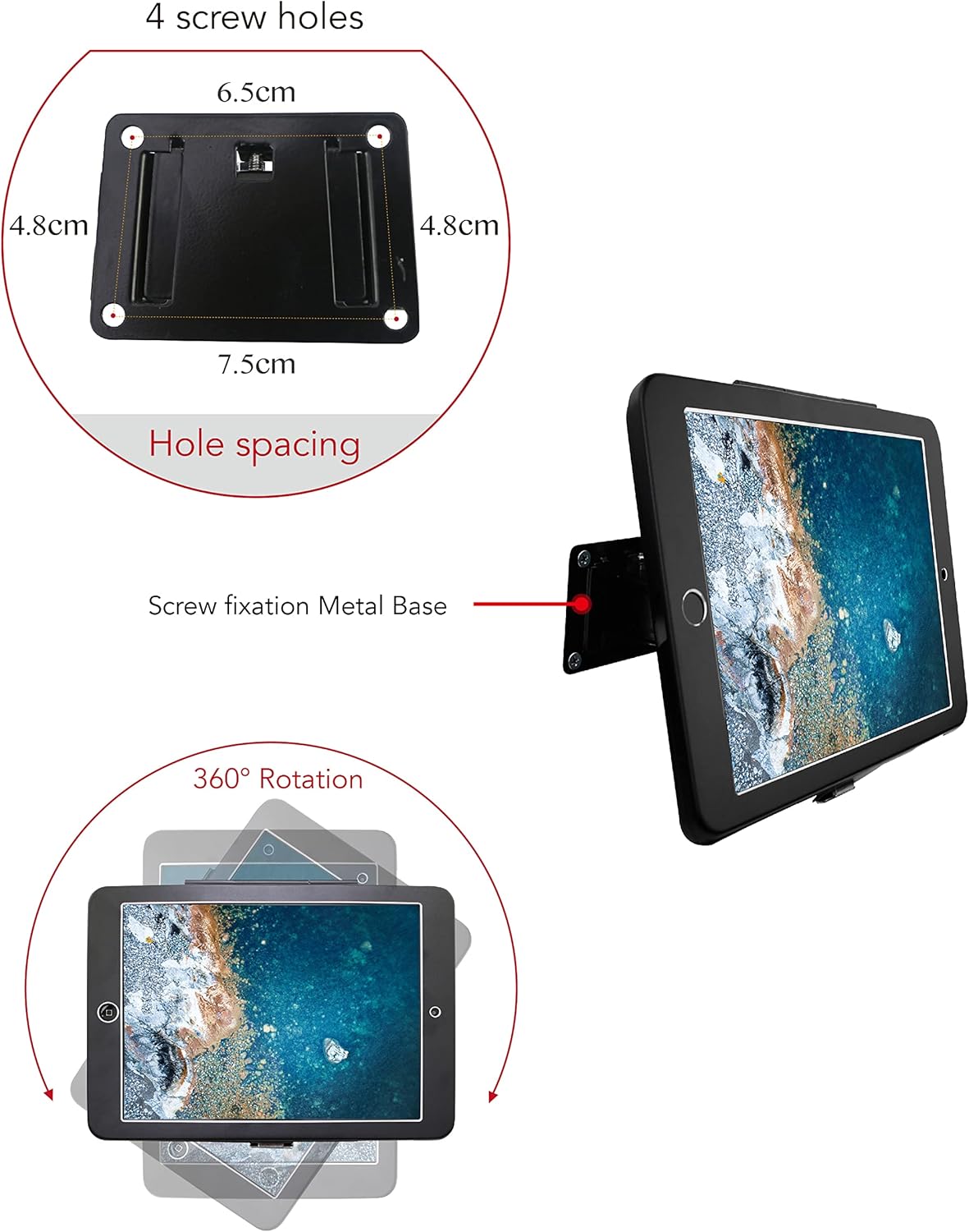 On Wall Mount Bracket for iPad 9.7" (6th, 5th Gen, Air 1 & 2, Pro), Anti-Theft Lock, Rotate Design, Multi-Angle, Metal (Black)