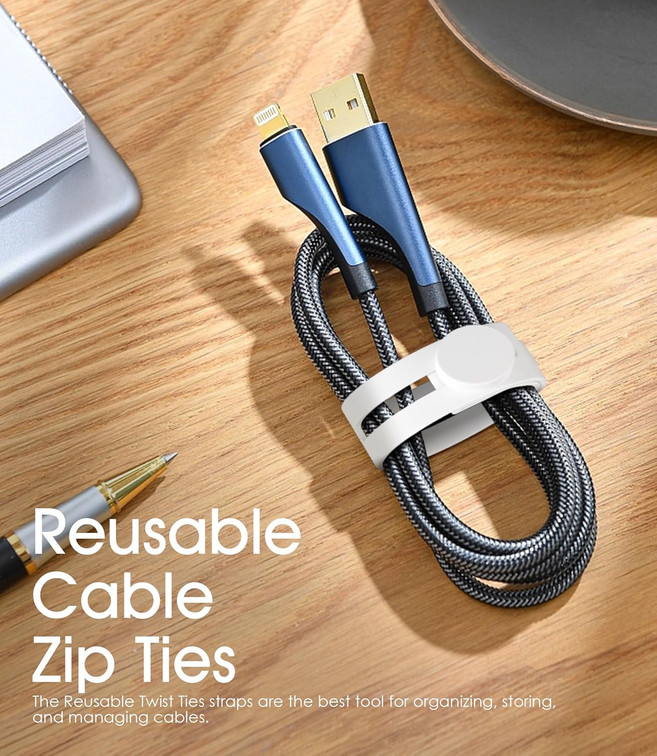 20Pcs Nearockle Reusable Cable Ties, Adjustable Silicone Cord Organizer Small Zip Ties for Charging Cords Earphone Computer Wire, Office Desk Cable Management Travel Accessories(White)